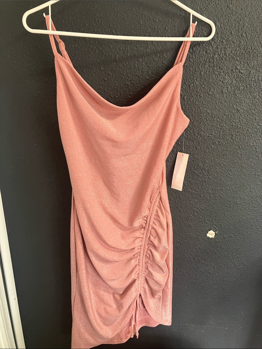 Inspired Hearts Shimmer Cowl Ruched Mini Dress in Dusty Pink